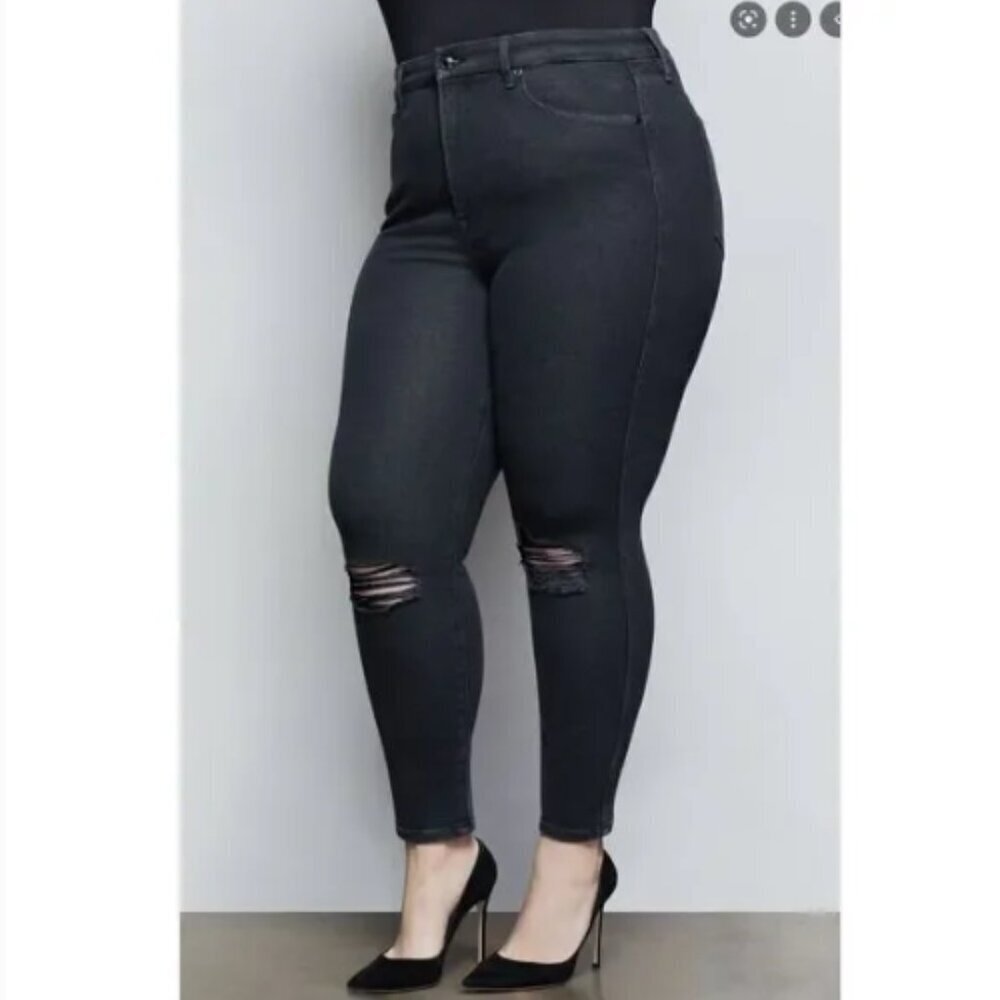 Good American Black Good Curve High Rise Distressed Skinny Jeans Size 32